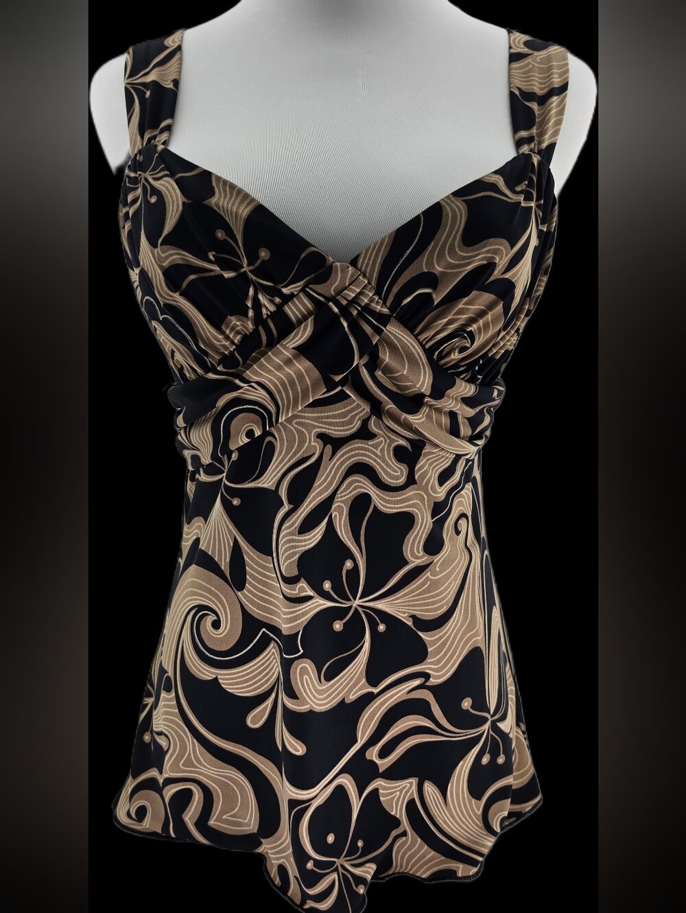 A. Byer Black and Beige Printed Slip Top